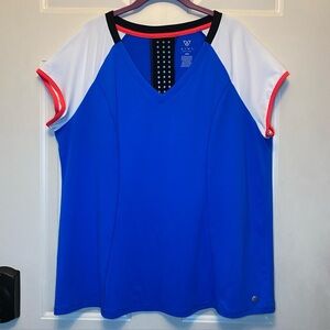 LIVI Active Athletic Top Blue White V-Neck  Sz 14/16 Mesh Back Stripe